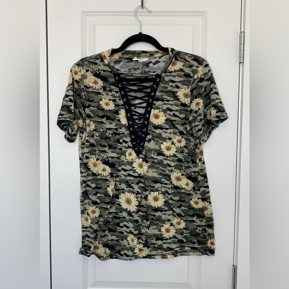 Camo Lace up Front Tee